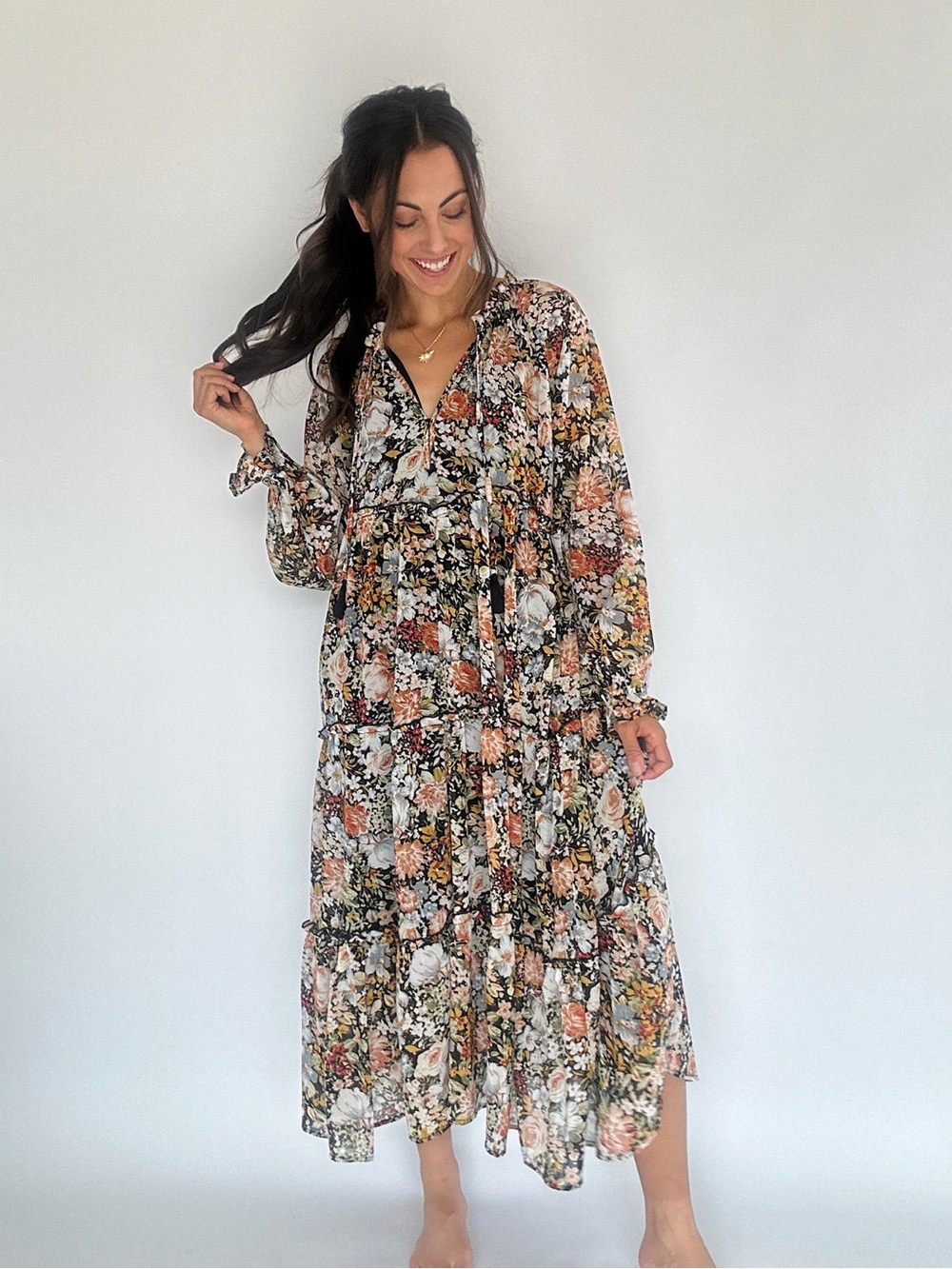 Carly Jean Los Angeles Black Floral Tiered Maxi Dress